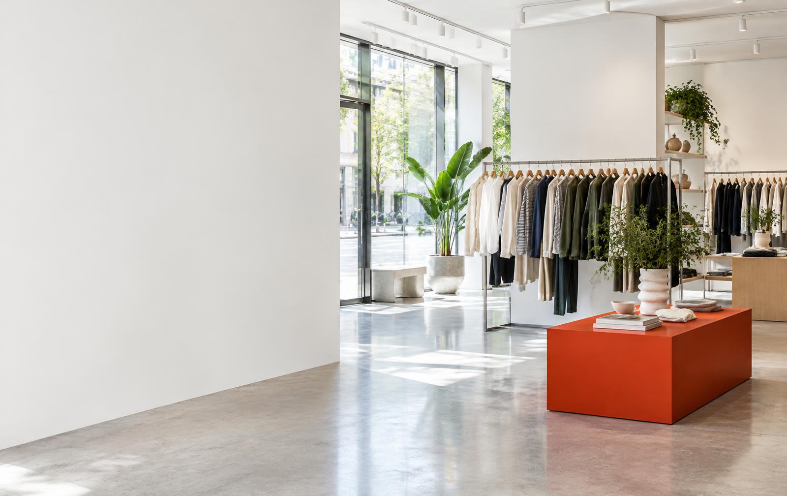 Light-filled retail concept store with a coral display table
